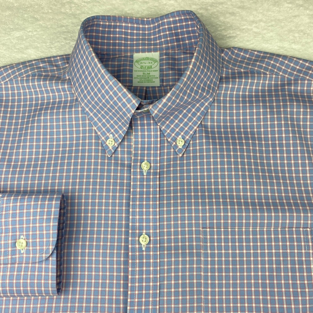 Brooks Brothers Slim Non-Iron Stretch Dress Shirt Blue Red Check 16.5 34